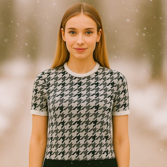 Alice + Olivia SZ S Employed Gray-Black-White Houndstooth Sweater Wool-Cotton - Picture 1 of 5